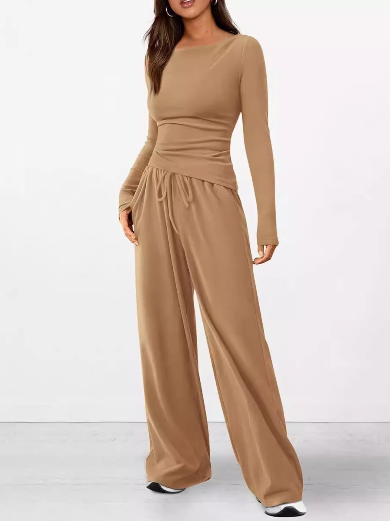 Long Sleeve Top and Wide Leg Pants Set OutfitFlow