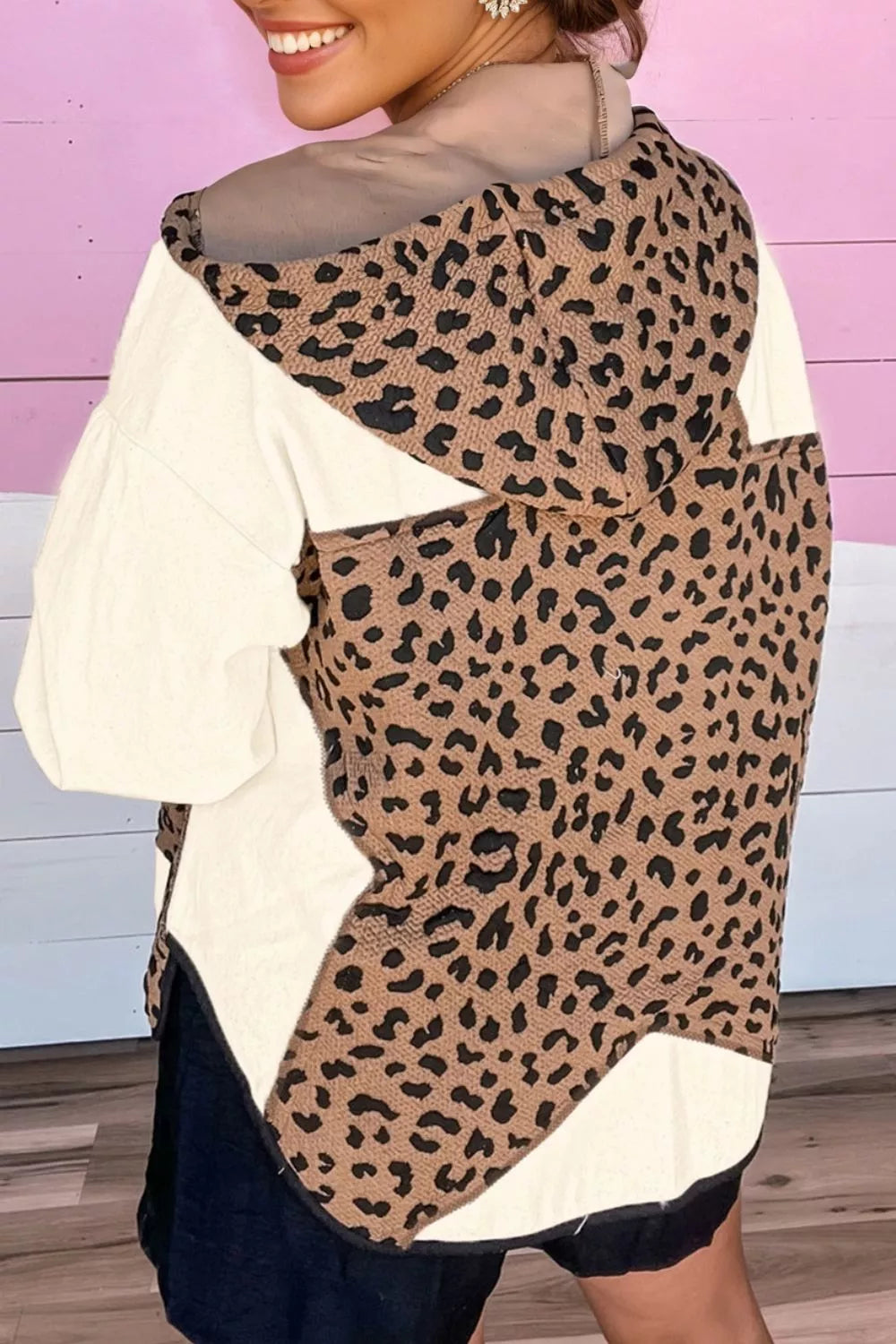 Drawstring Leopard Long Sleeve Hooded Jacket OutfitFlow