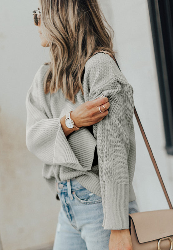 Outfit Flow - Slit Cuff Round Neck Long Sleeve Sweater