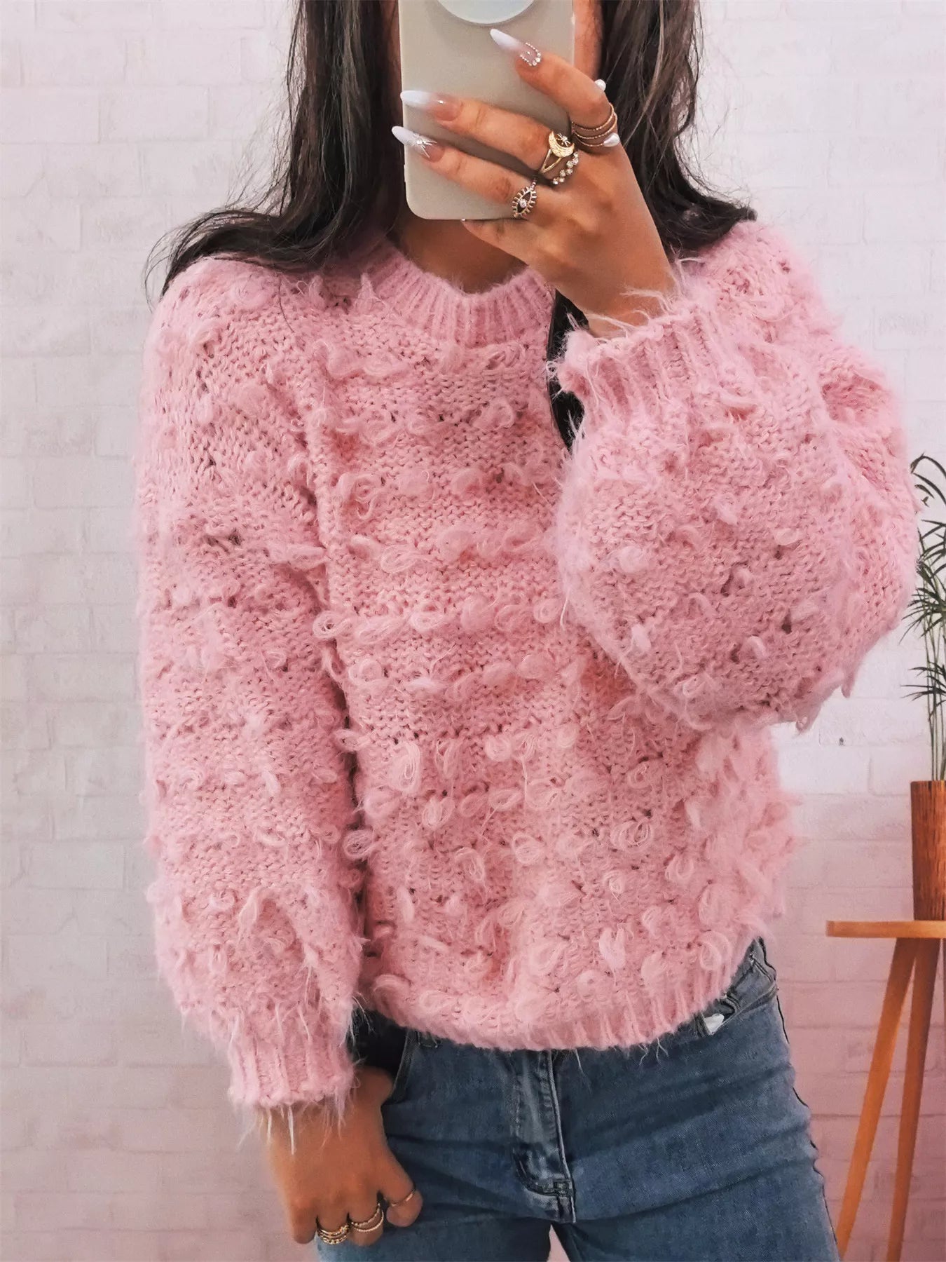 Chunky Round Neck Long Sleeve Sweater OutfitFlow