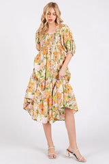 Mittoshop Flower Print Puff Sleeve Ruffle Smocked Midi Dress OutfitFlow