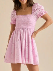 Eyelet Puff Sleeve Smocked Mini Dress OutfitFlow