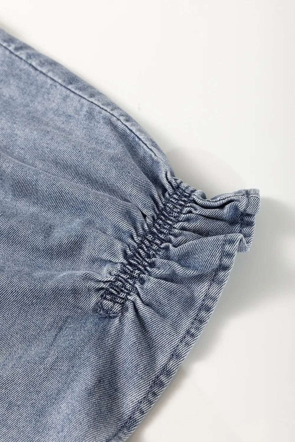 V Neck Ruffled Short Puff Sleeve Denim Top OutfitFlow