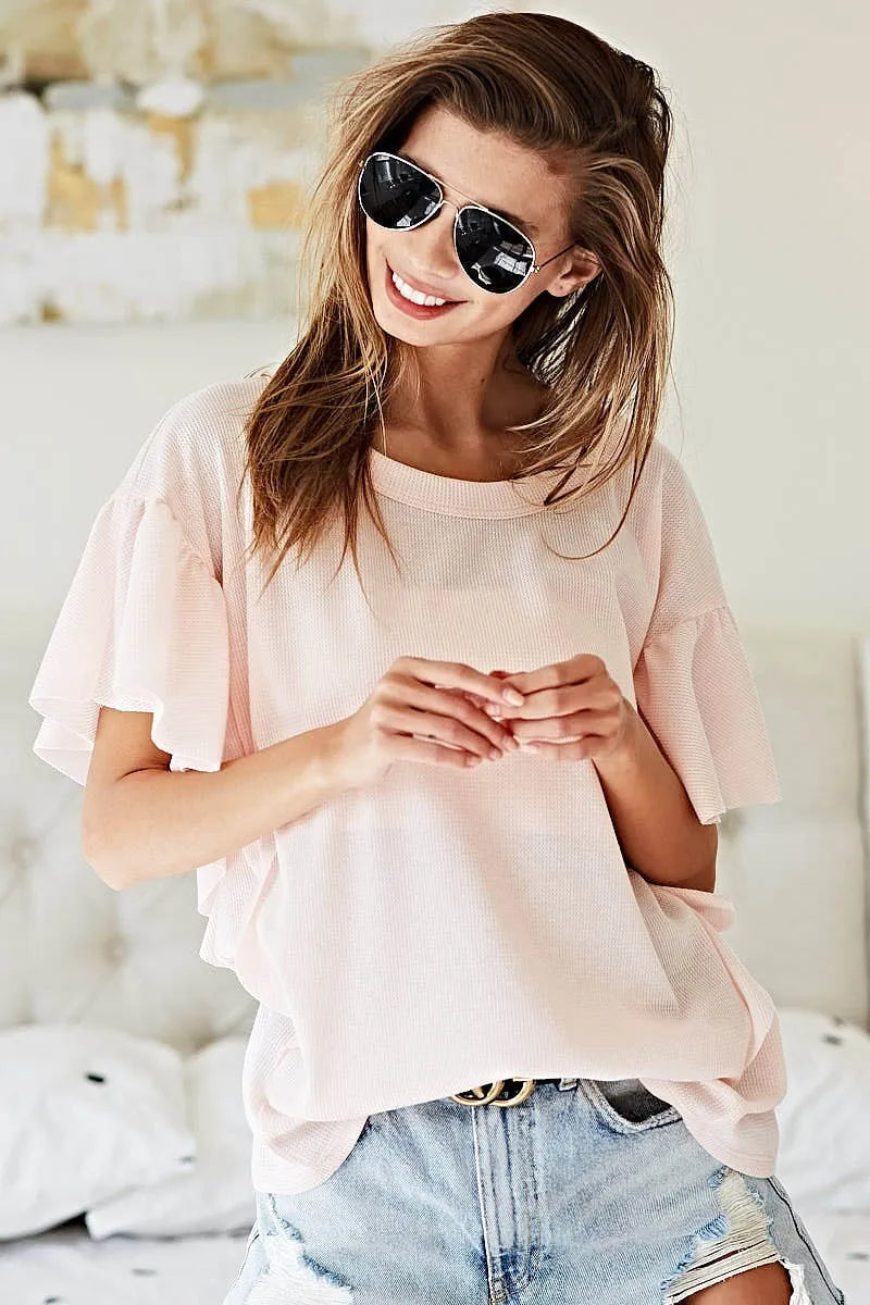 BiBi Thermal Knit with Ruffled Sleeve Top OutfitFlow
