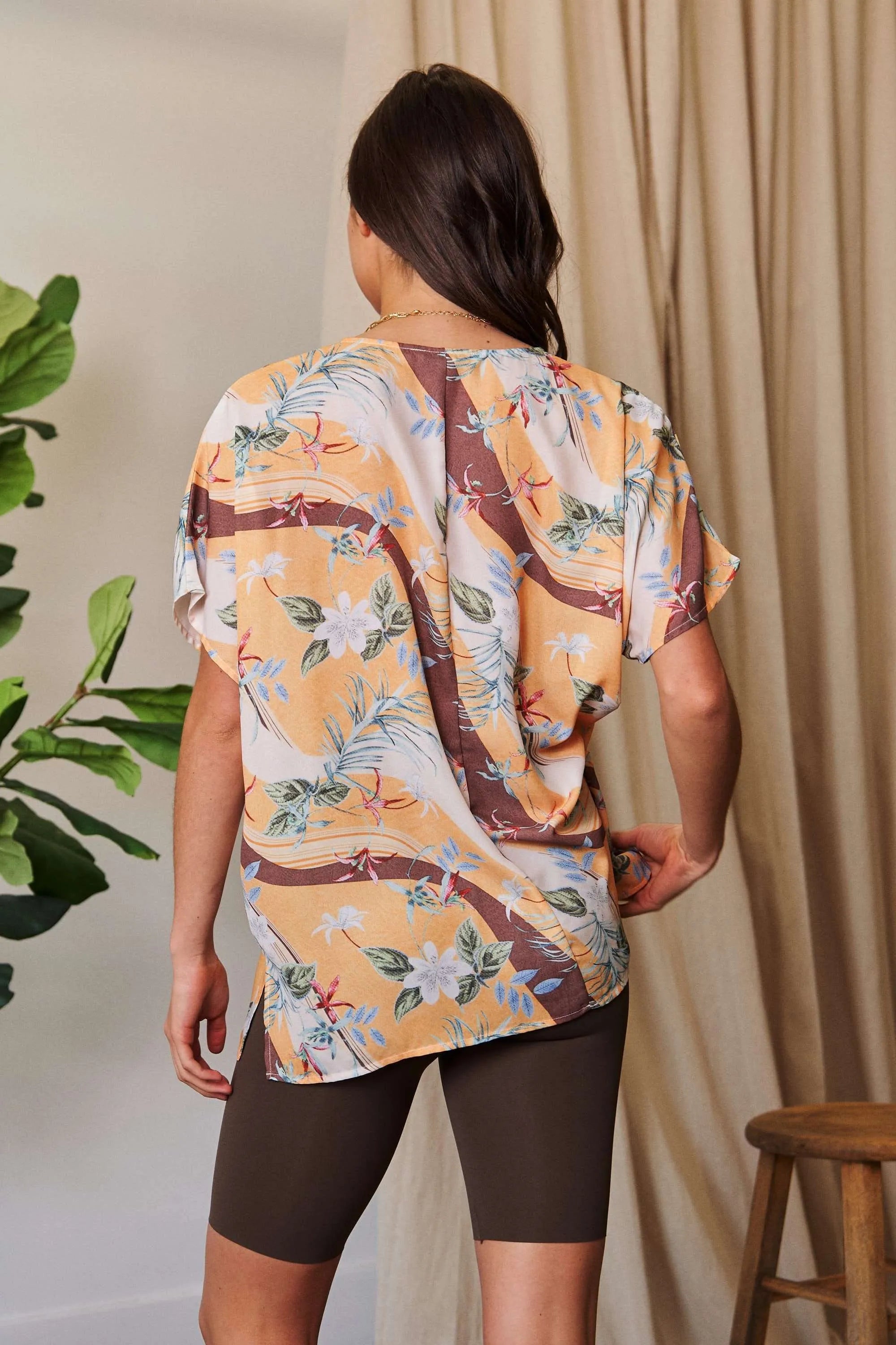 Davi & Dani Floral Printed V Neck Short Sleeve Loose Fit Top OutfitFlow