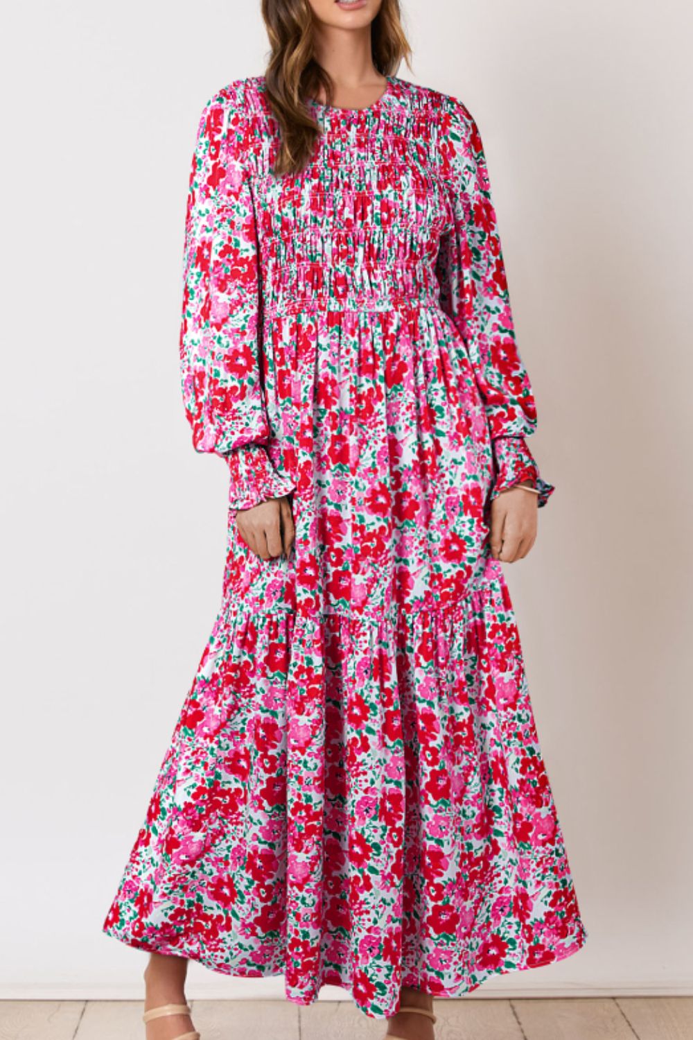 Outfit Flow - Printed Round Neck Lantern Sleeve Maxi Dress