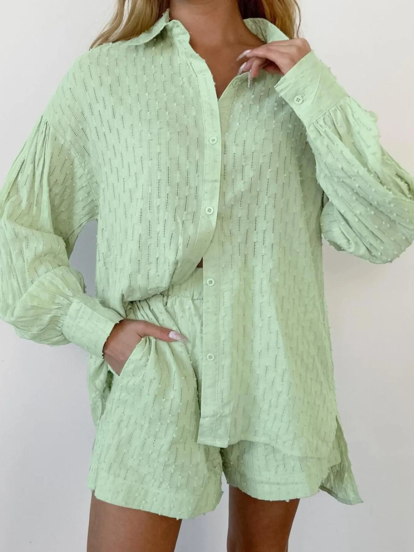 Textured Button-Up Shirt and Shorts Set Sage OutfitFlow