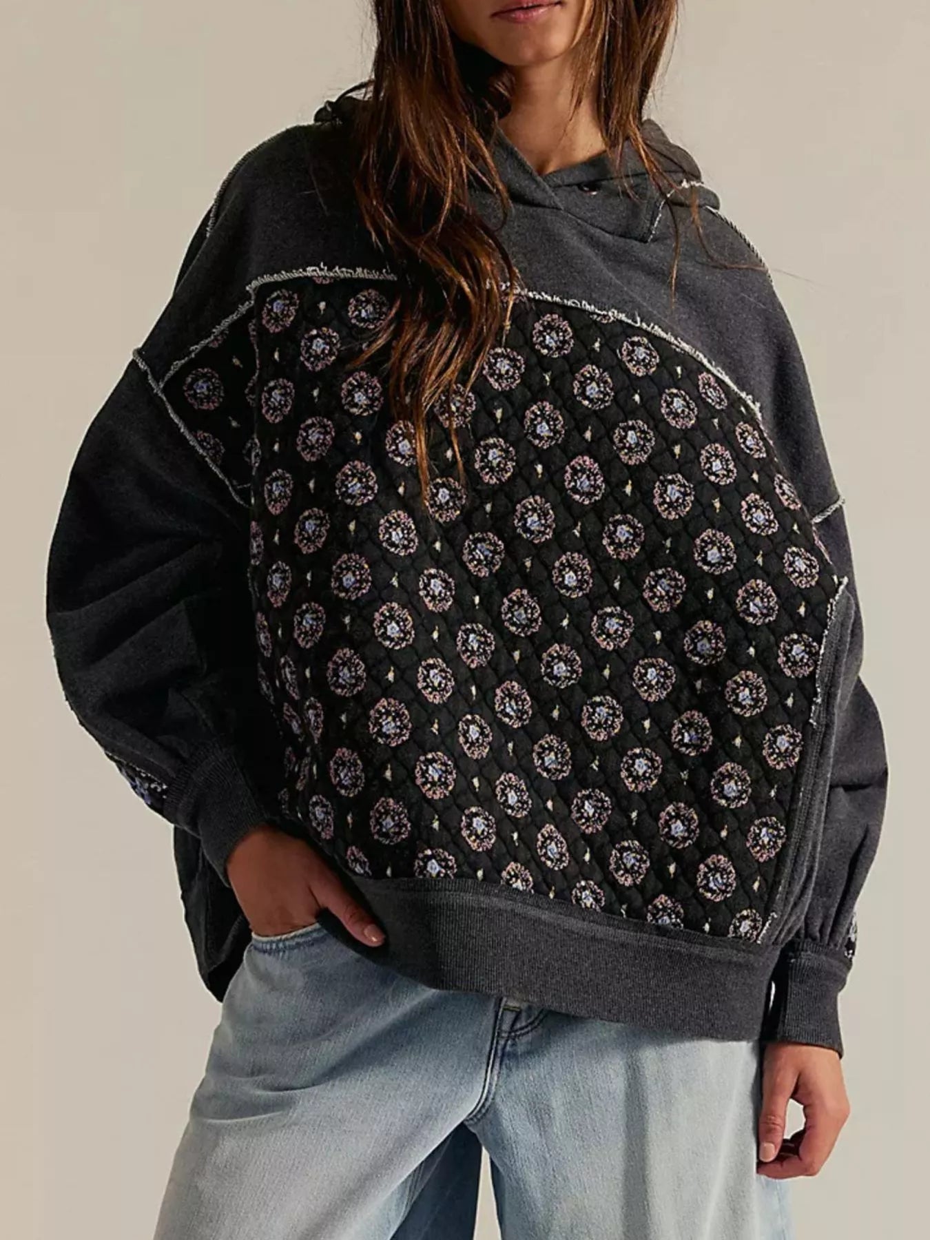 Exposed Seam Dropped Shoulder Hoodie Black OutfitFlow