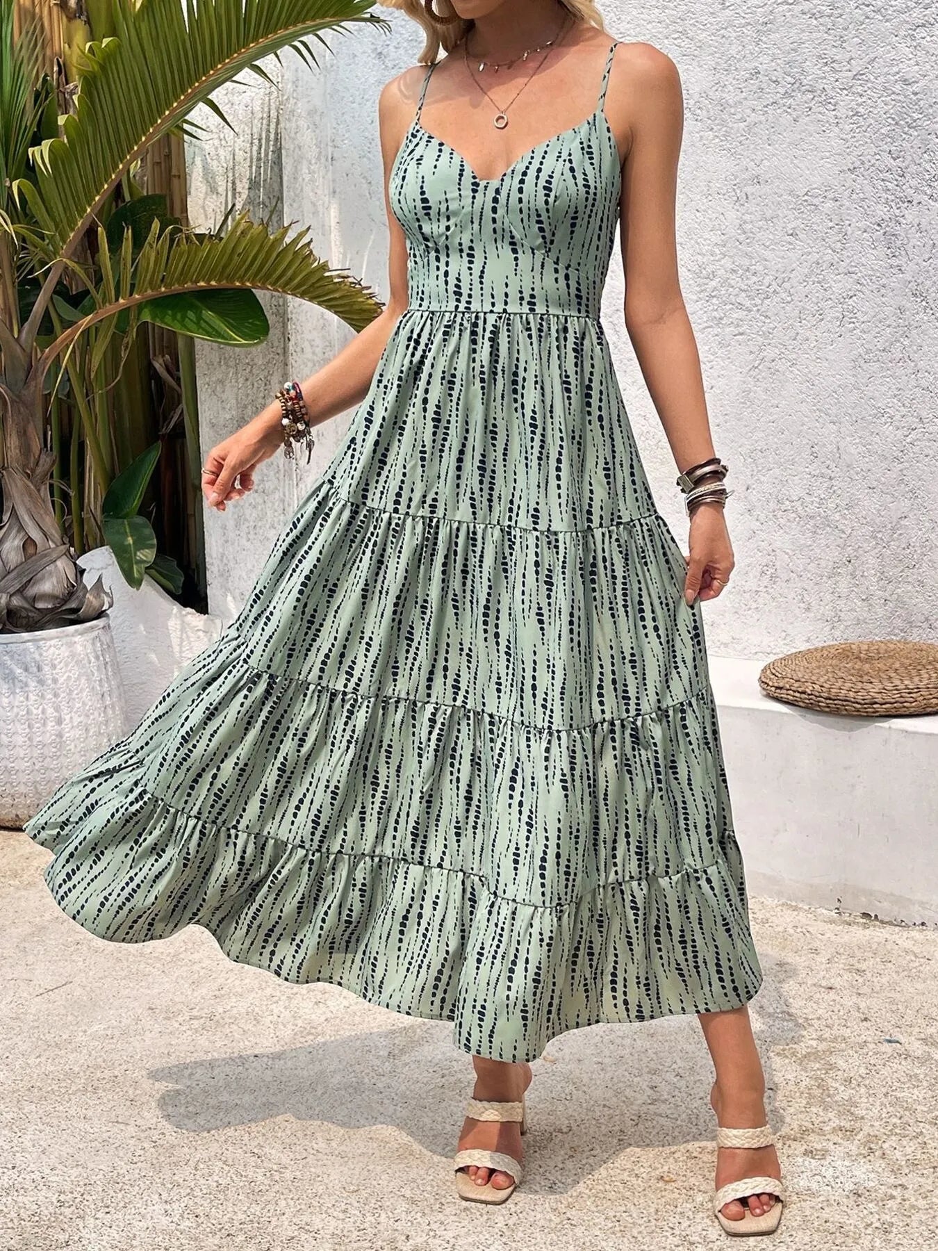 Tie Back Tiered Midi Cami Dress OutfitFlow