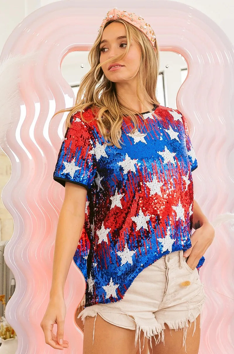 BiBi American Theme Star Pattern Sequin Top OutfitFlow