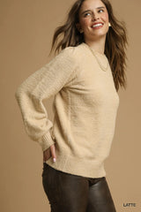 Umgee Textured Long Sleeve Sweater with Ribbed Trim Trendsi