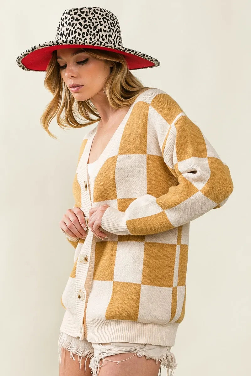 BiBi Checked V-neck Cardigan OutfitFlow