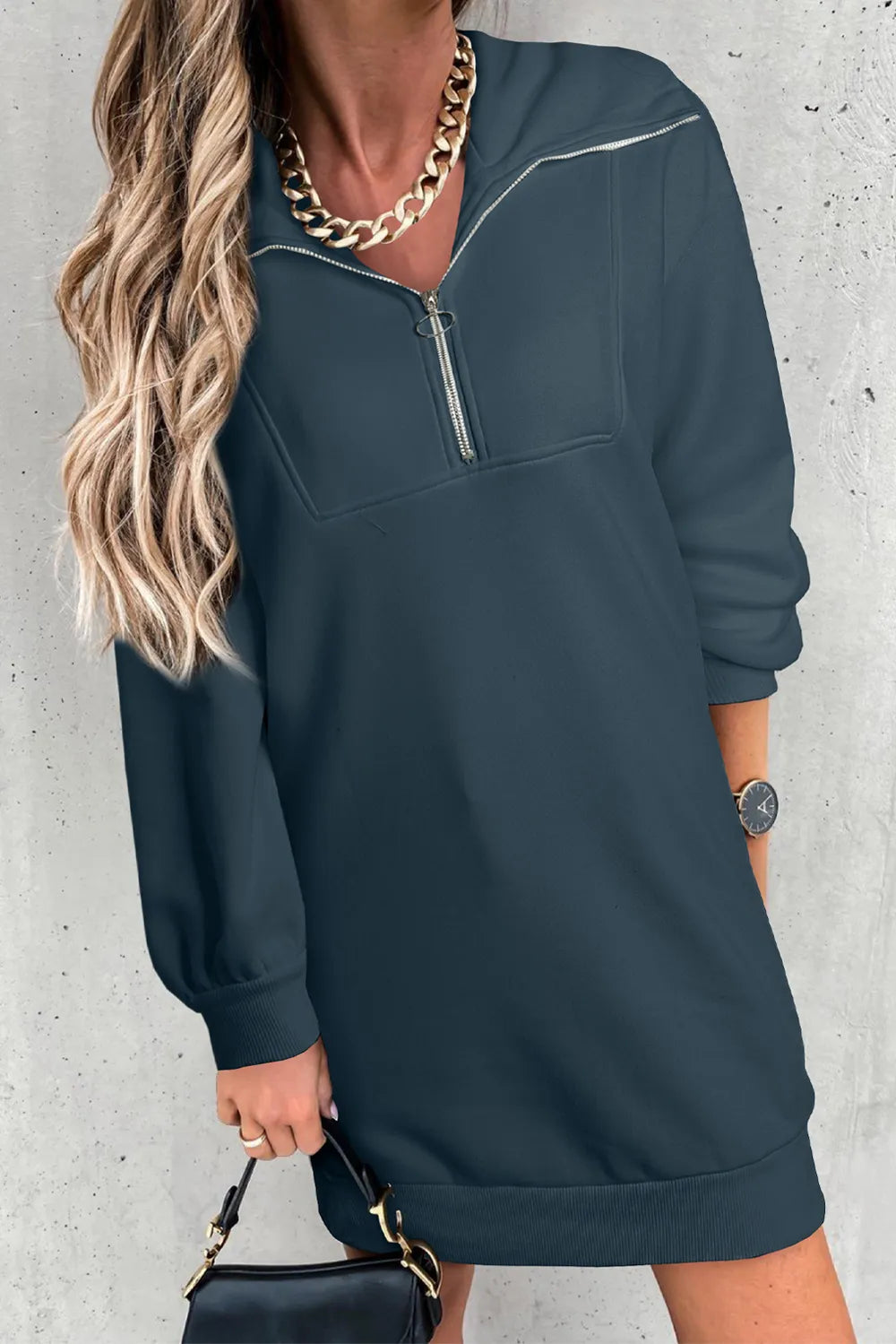 Half Zip Dropped Shoulder Mini Sweatshirt Dress OutfitFlow