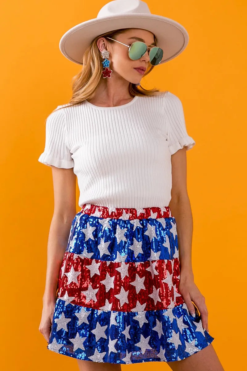 BiBi American Flag Theme Star Sequin Tiered Skirt OutfitFlow