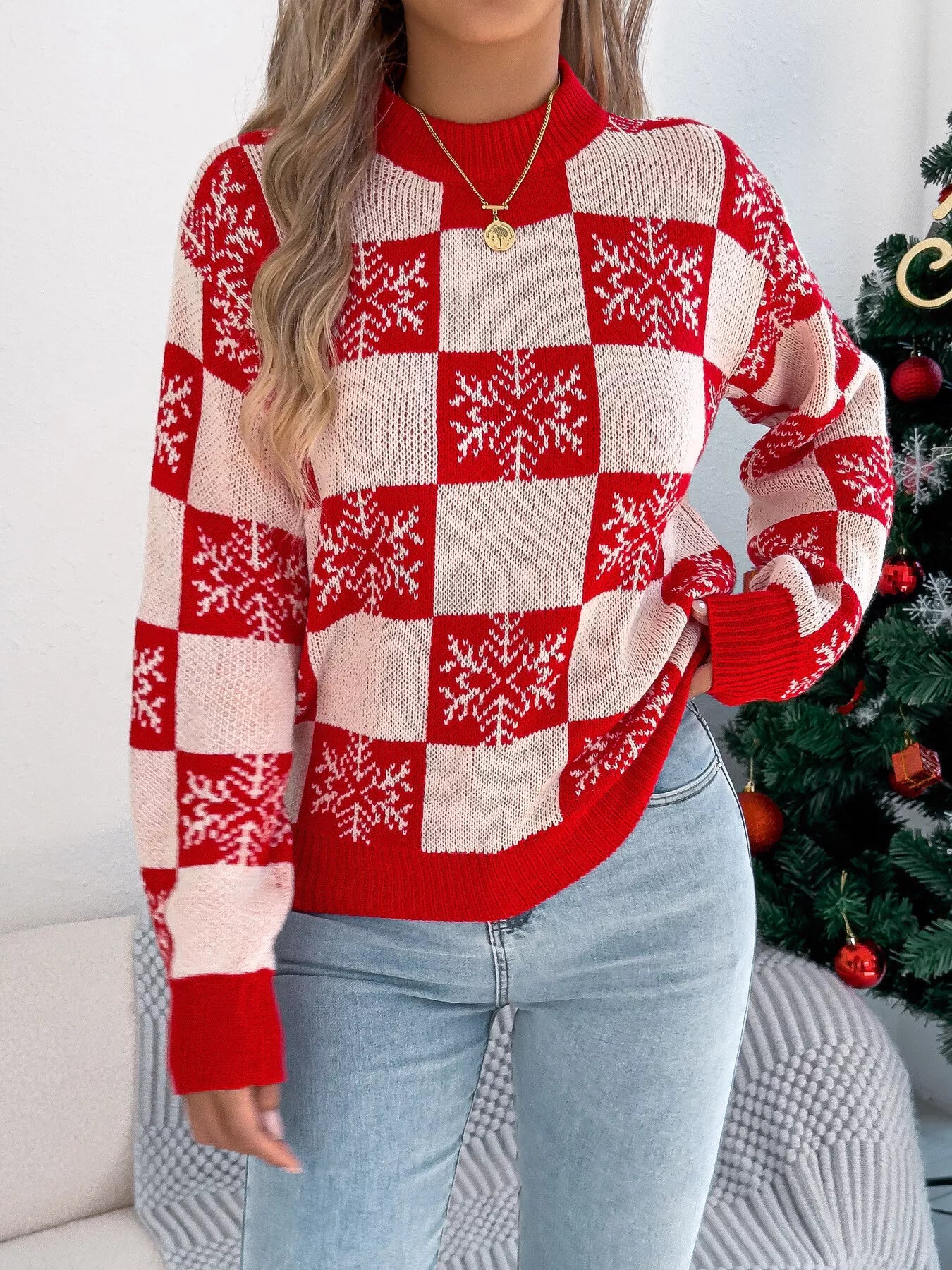 Christmas Snowflake Checkered Round Neck Sweater Red OutfitFlow