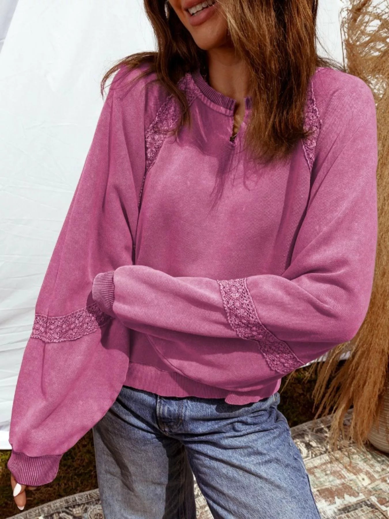 Lace Trim Long Sleeve Sweatshirt OutfitFlow