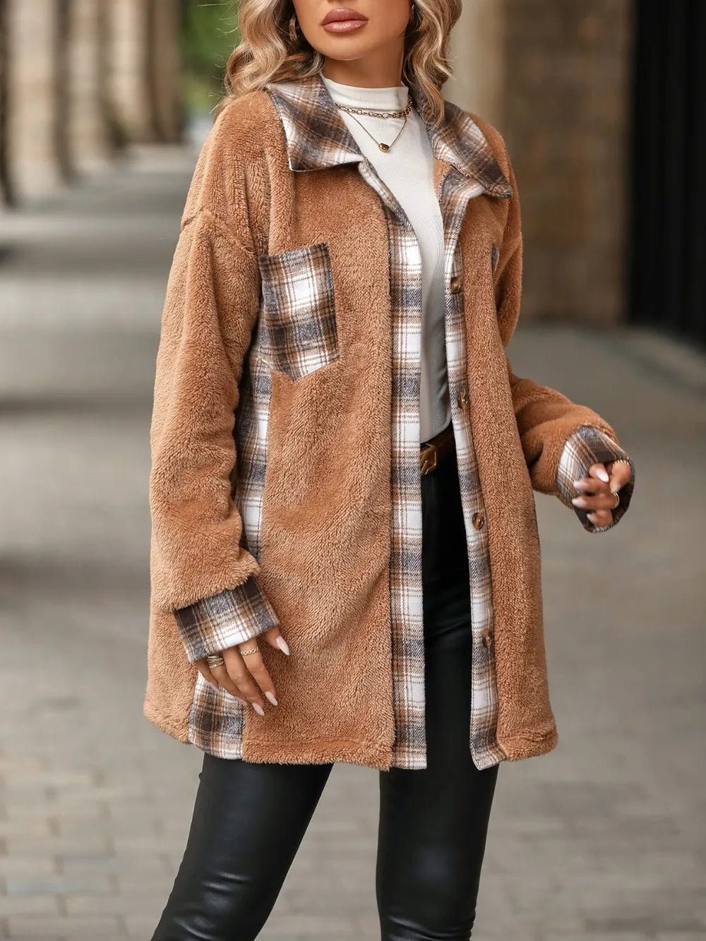 Plaid Contrast Dropped Shoulder Coat Khaki OutfitFlow