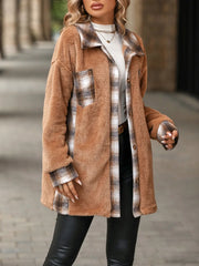 Plaid Contrast Dropped Shoulder Coat Khaki OutfitFlow