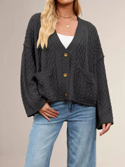 Cable Knit Button-Down Cardigan Black OutfitFlow