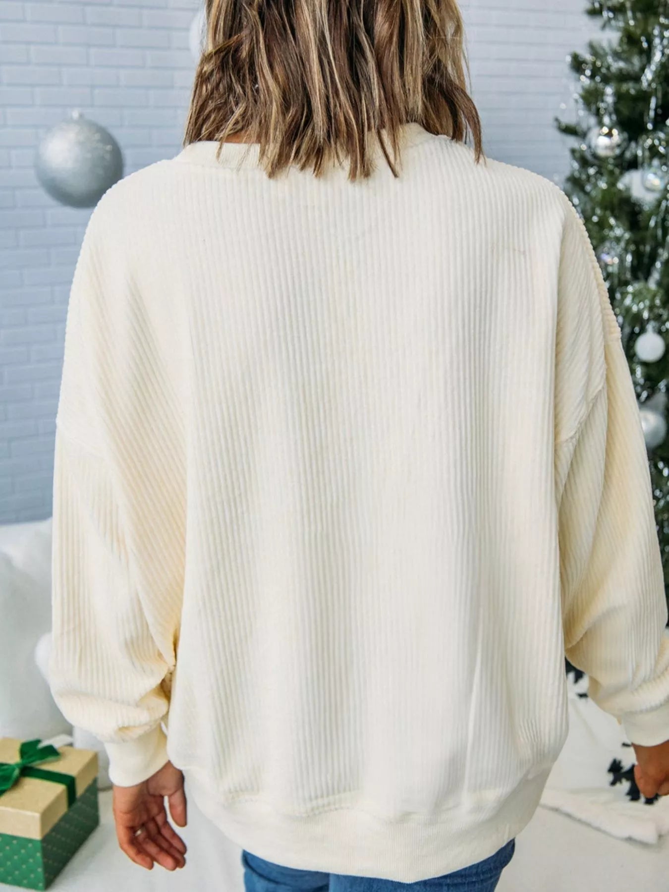 Merry Little Thing Corded Letter Graphic Ribbed Sweatshirt OutfitFlow