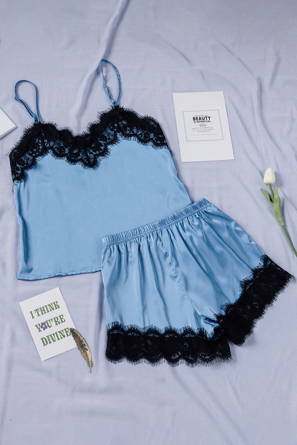 Outfit Flow - Lace Detail Spaghetti Strap Top and Shorts Lounge Set