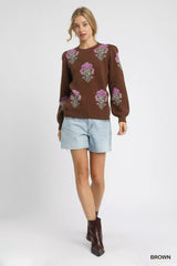 Umgee Single Flower Stem Jacquard Sweater OutfitFlow