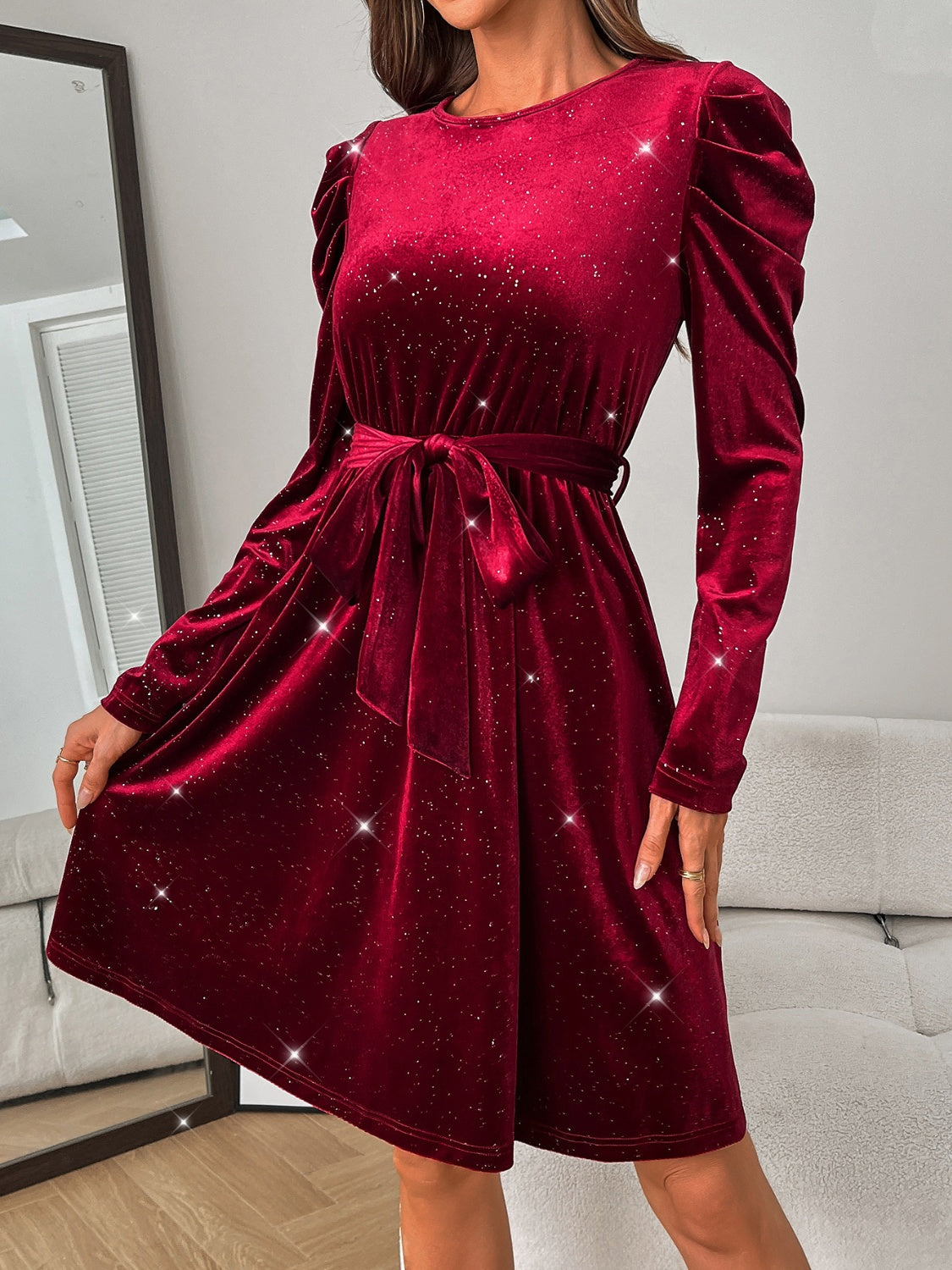 Outfit Flow - Glitter Round Neck Puff Sleeve Dress