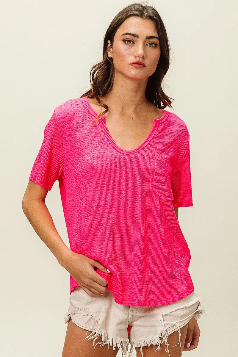 BiBi Waved Rib U Neck Top With Front Pocket OutfitFlow
