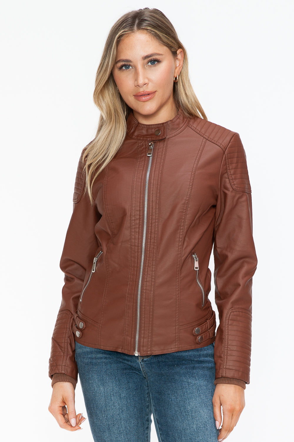 Outfit Flow - Snobbish Faux Leather Biker Jacket with Side Zip Pockets