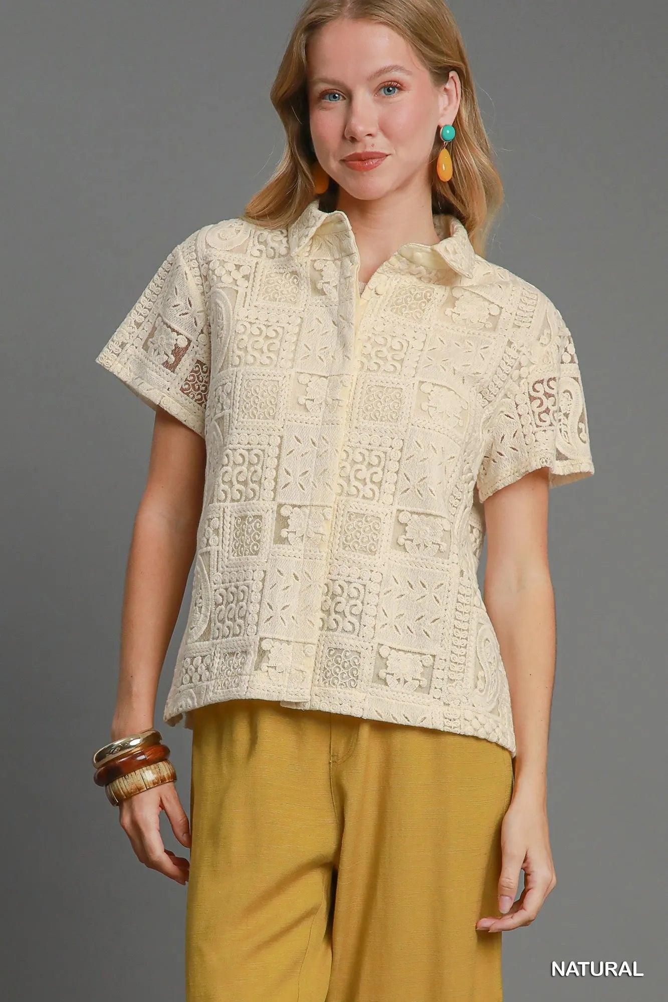 Umgee Patch Lace Short Sleeve Button Down Shirt Trendsi