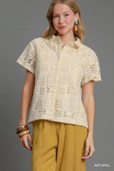 Umgee Patch Lace Short Sleeve Button Down Shirt Trendsi