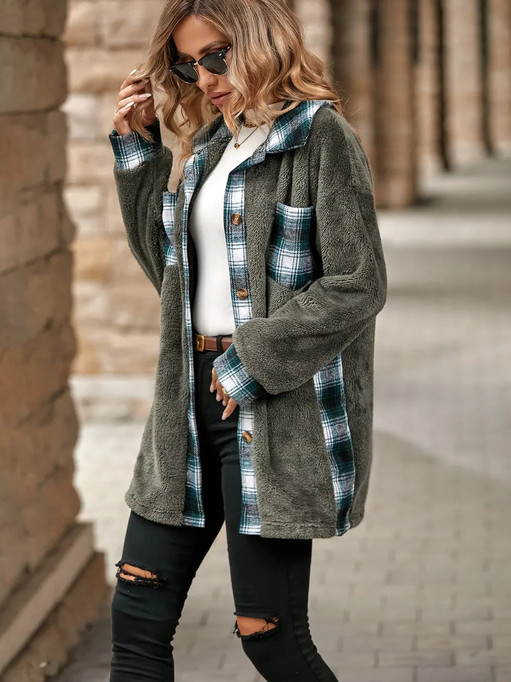 Plaid Contrast Dropped Shoulder Coat OutfitFlow