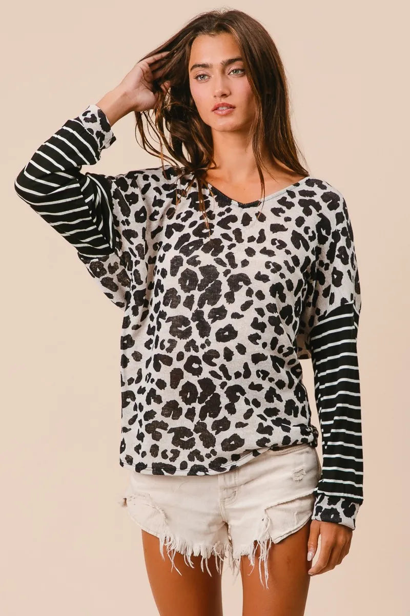 BiBi Leopard Hacci Knit Twist Back Top With Stripe Sleeve OutfitFlow