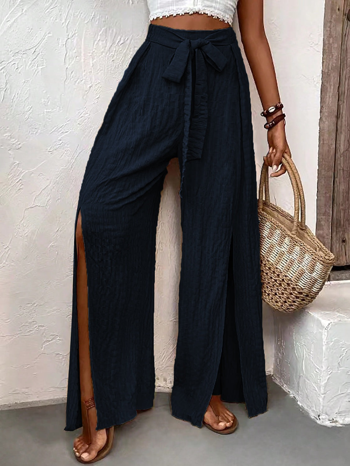 Outfit Flow - Honey Tied Slit Wide Leg Pants