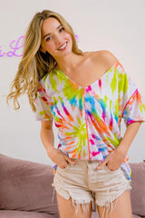 BiBi Tie Dye Print Jersey Stitched V Neck Top OutfitFlow