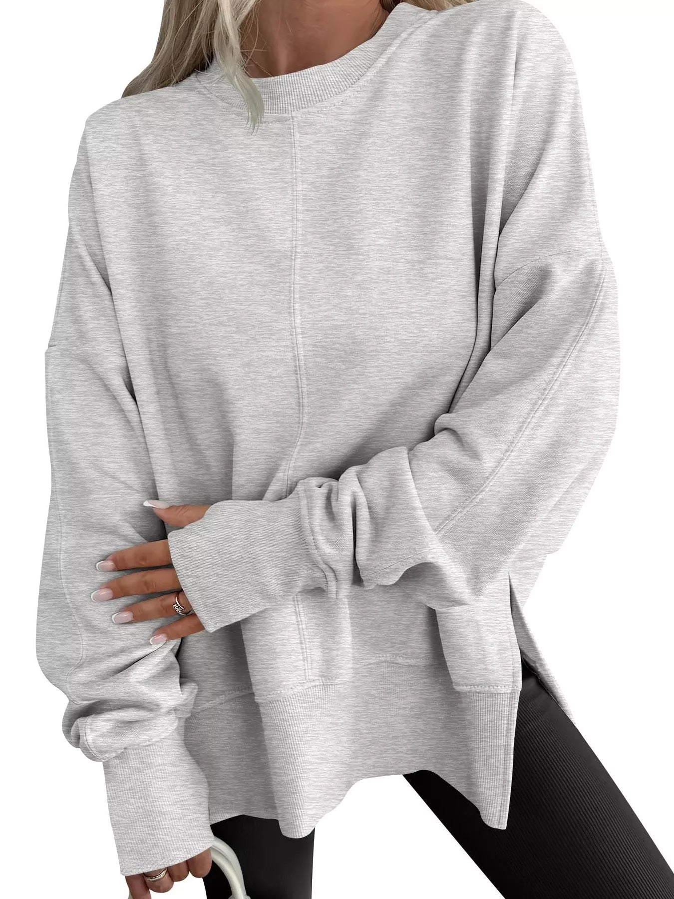 Side Slit Round Neck Long Sleeve Sweatshirt Gray OutfitFlow