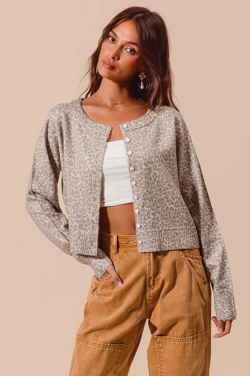 SO ME Two Tone Leopard Vintage Print Button Up Cardigan OutfitFlow