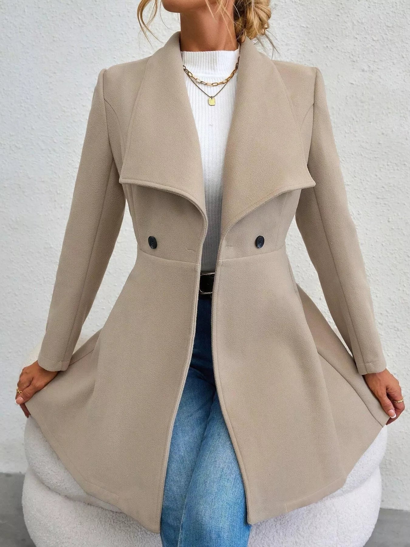 Collared Neck Double Breasted Coat Trendsi