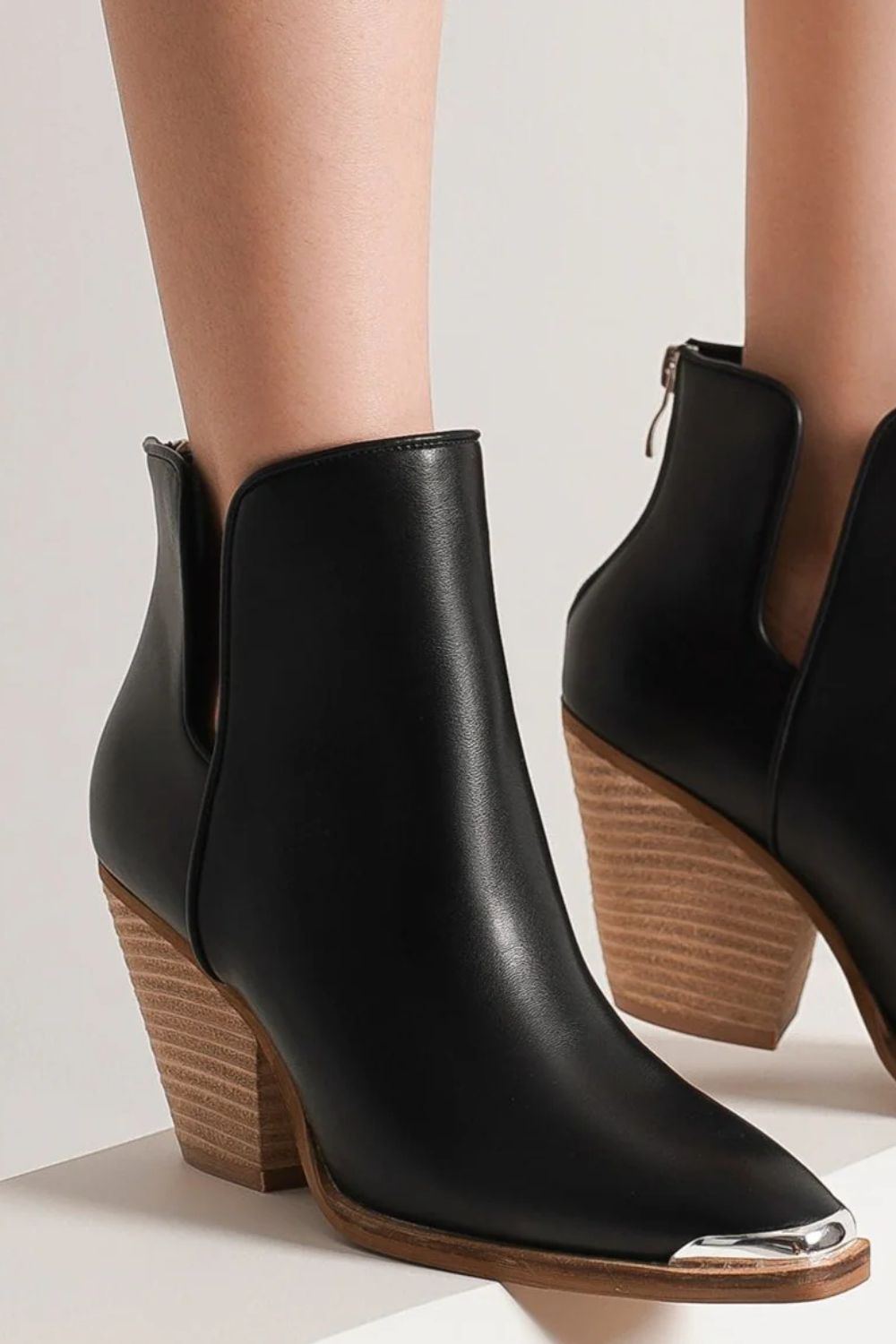 Beast Fashion Pointed Metal-Tip Toe Block Heel Ankle Boots OutfitFlow