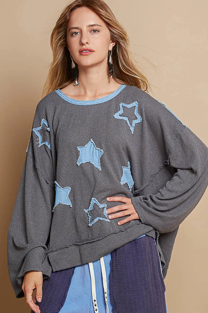 POL Exposed Seam Relaxed Fit Sweater with Star Denim Patch Trendsi