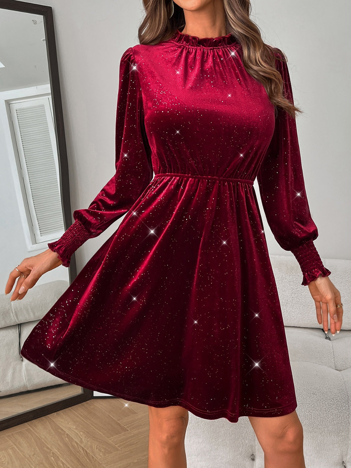 Outfit Flow - Glitter Mock Neck Long Sleeve Mini Dress