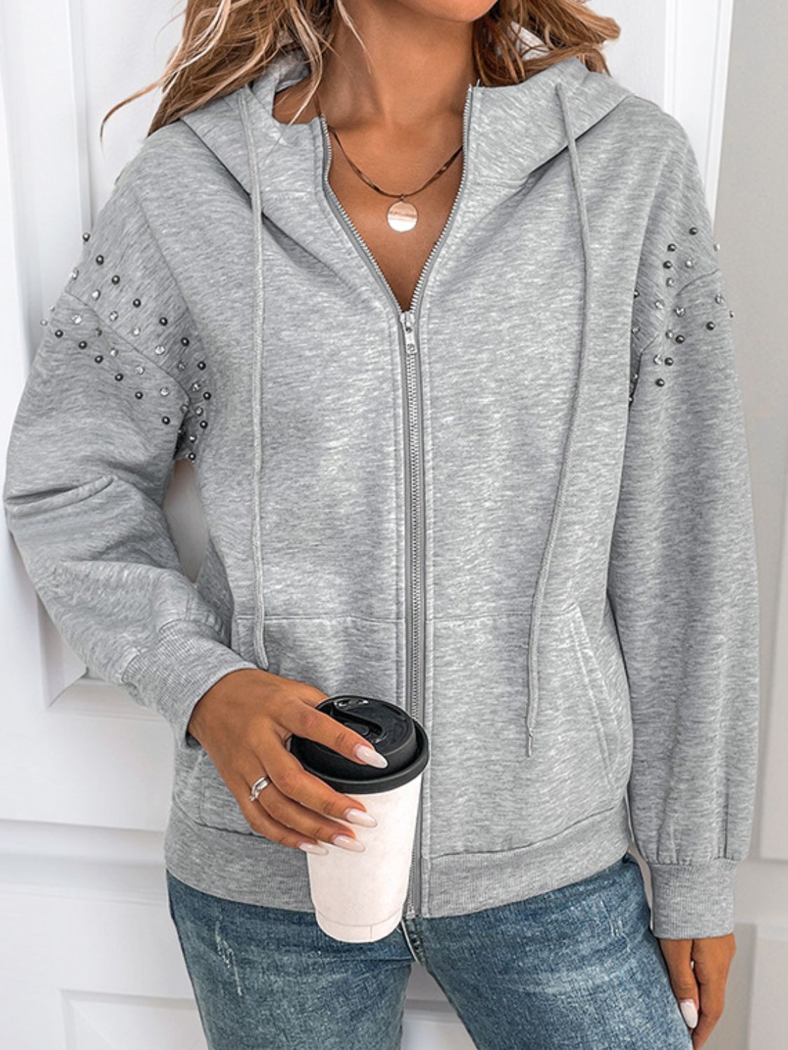 Outfit Flow - Perfee Rhinestone Zip Up Long Sleeve Hoodie