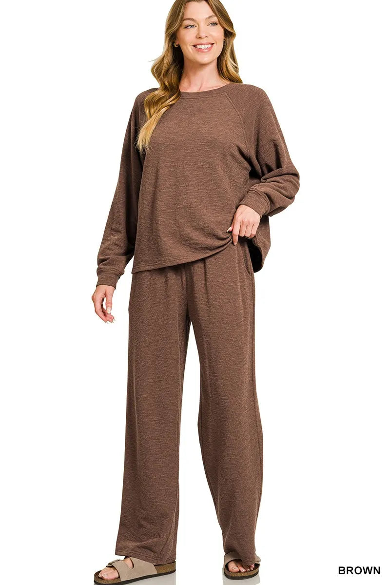 Zenana Slub Long Sleeve Top and Pants Lounge Set BROWN OutfitFlow