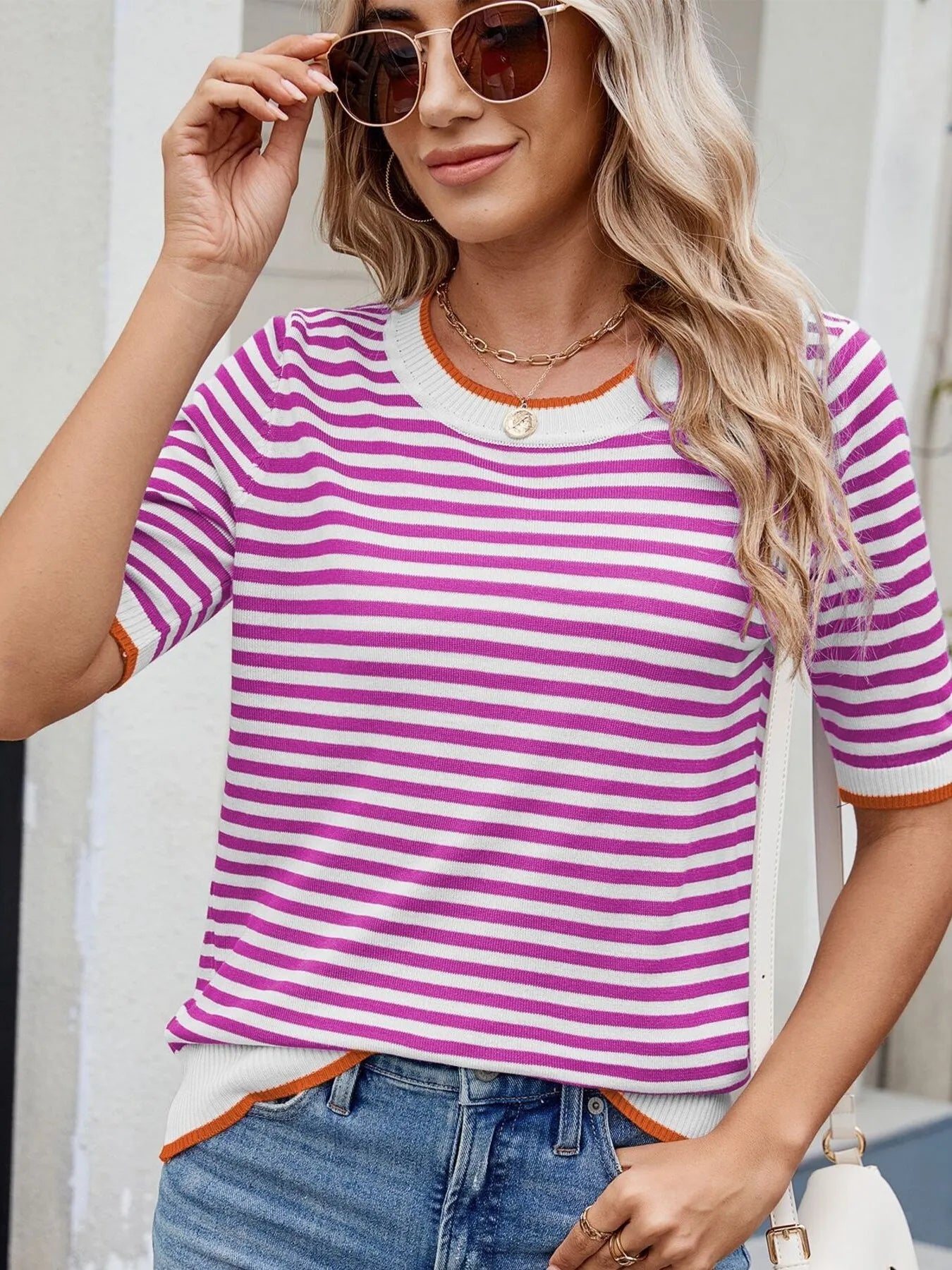 Striped Casual T-Shirt with Contrast Trim OutfitFlow