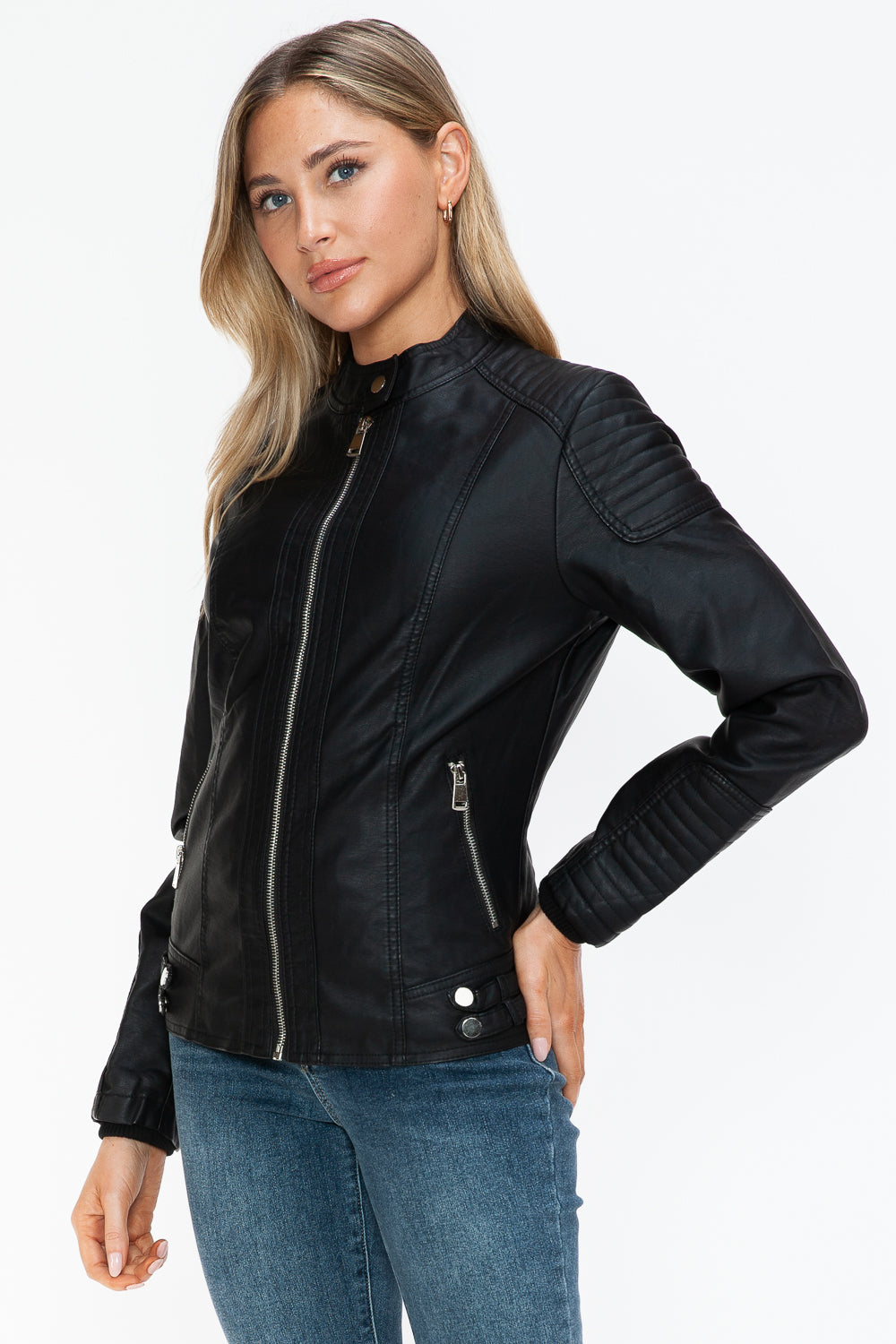 Outfit Flow - Snobbish Faux Leather Biker Jacket with Side Zip Pockets