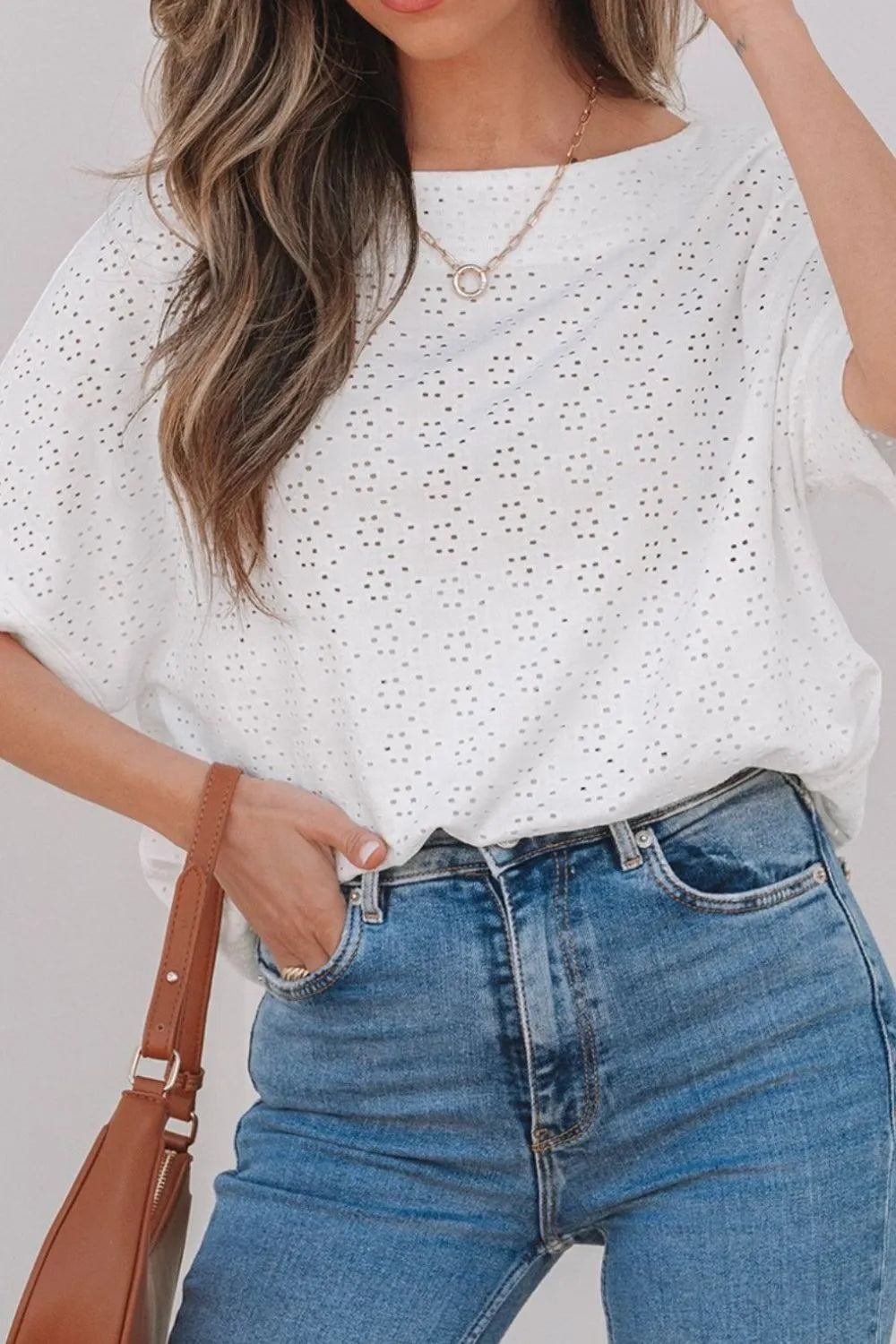 Eyelet Pattern Boat Neck Casual Tee OutfitFlow