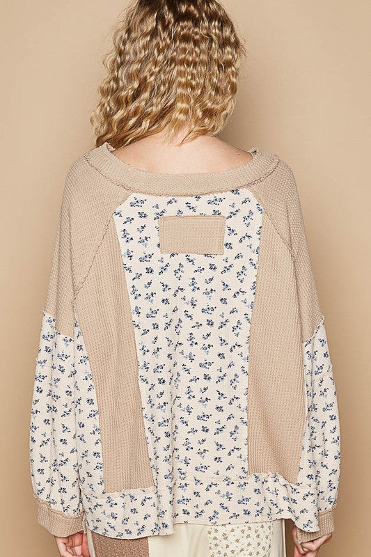 Outfit Flow - POL Waffle Knit Floral Notched Long Sleeve Top