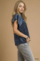 Umgee Crushed Velvet Pleated Blouse Trendsi