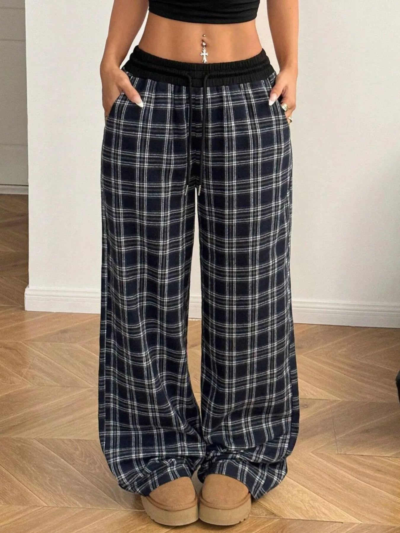 Plaid Wide-Leg Pants with Elastic Waistband OutfitFlow