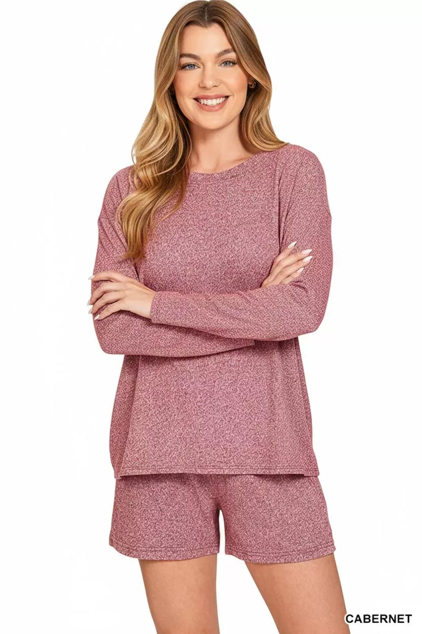 Zenana Soft Melange Long Sleeve Tee and Shorts Set OutfitFlow